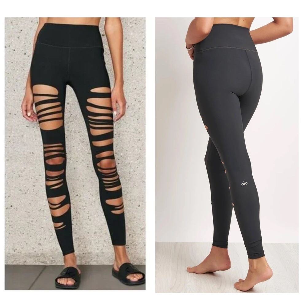 ALO Yoga High Waist Extreme Ripped Warrior Leggings Womens L Black High Rise